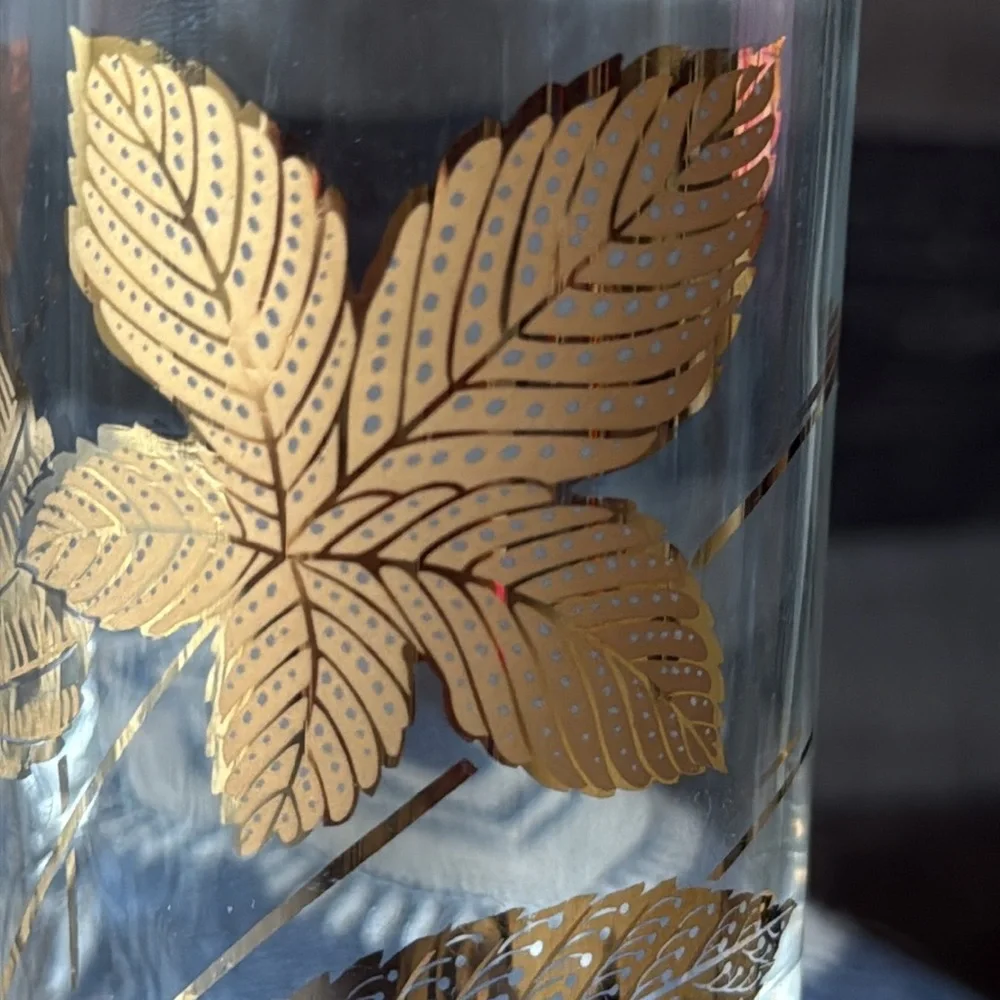 Libbey Glass set of 4 gold leaf tumblers mid century modern golden foliage gilt